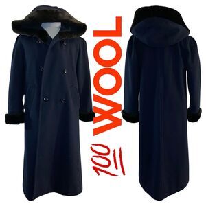 Donnybrook Blue Wool Long Coat Women’s 6 Hooded Overcoat  Fur Trim Vintage